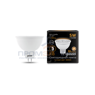 Лампа Gauss MR16 12V 5W 500lm 3000K GU5.3 LED 1/10/100